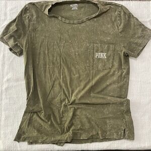 Pink Victoria Secret women's Large Olive green short sleeve graphic t-shirt EUC